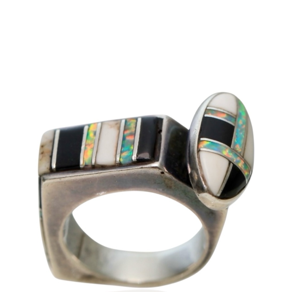 Vintage Sterling Silver Opal Inlay Architectural Statement Ring